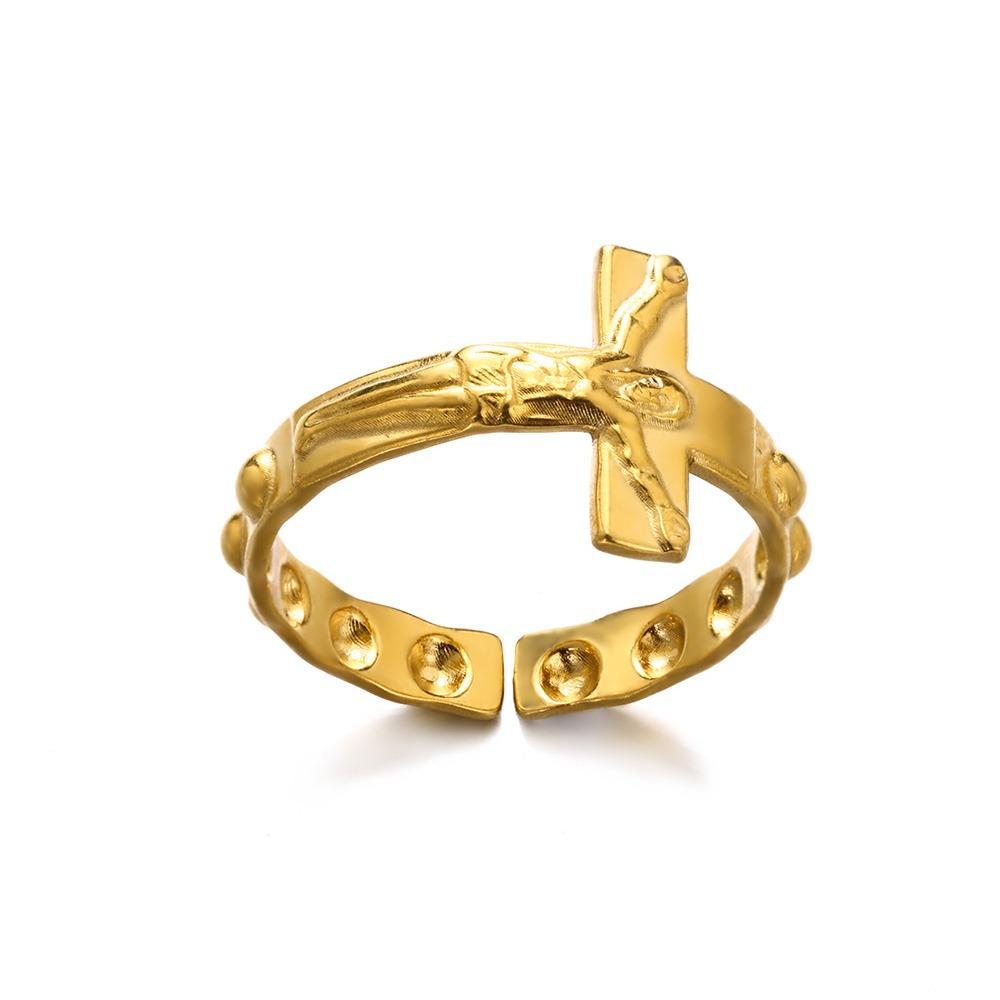 Vintage Jesus Cross Rings For Women Men Gold Color Stainless Steel Jesus Cross Adjustable Ring Religious Party Jewelry Gift