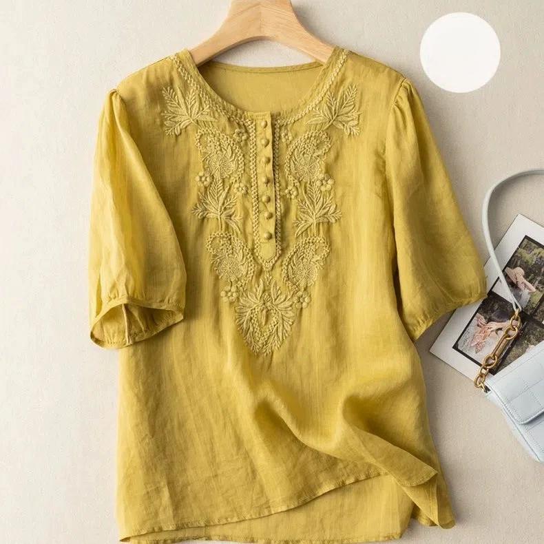 

Женский топ из тонкого хлопка и конопли с короткими рукавами, лето 2025 г., в стиле ретро, с вышивкой и круглым вырезом 2XL жёлтый