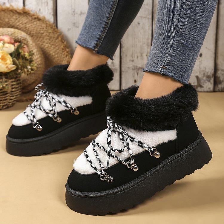 European and American Winter Lace-up Thick-soled Velvet Thickened Snow Boots for Women, Large Size Warm Towel, Short Boots, Cotton Shoes for Women