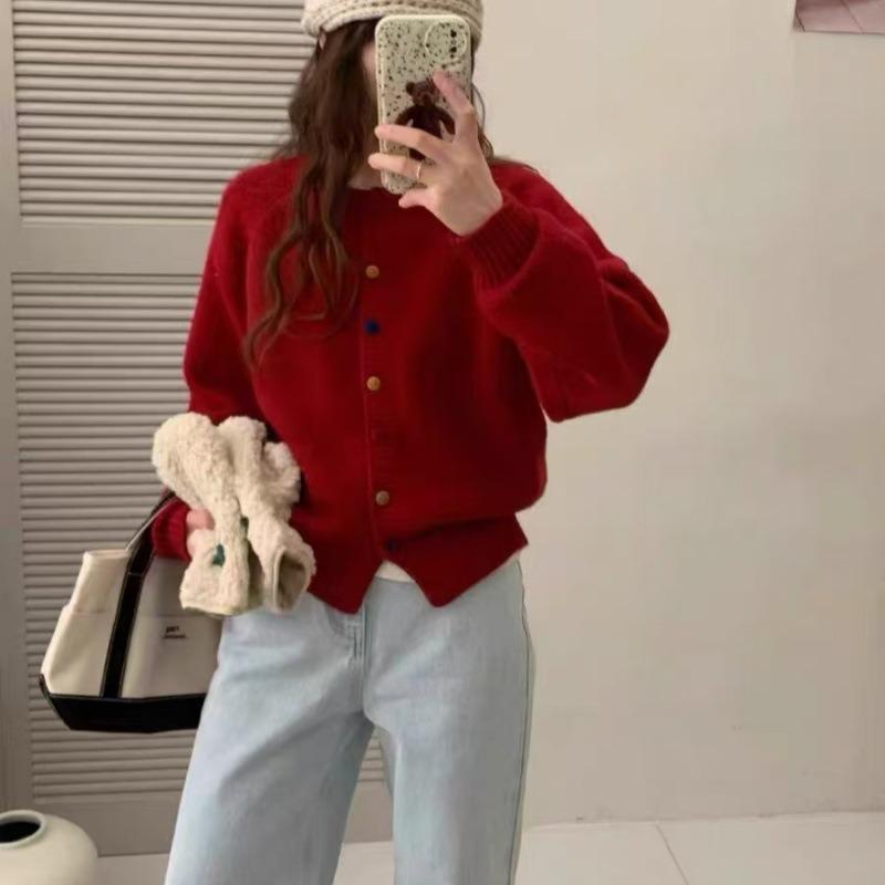 

Осень новый кардиган с круглым вырезом женский высококлассный маленький короткий вязаный свитер одежда утолщенная темпераментная куртка one size fits all красный