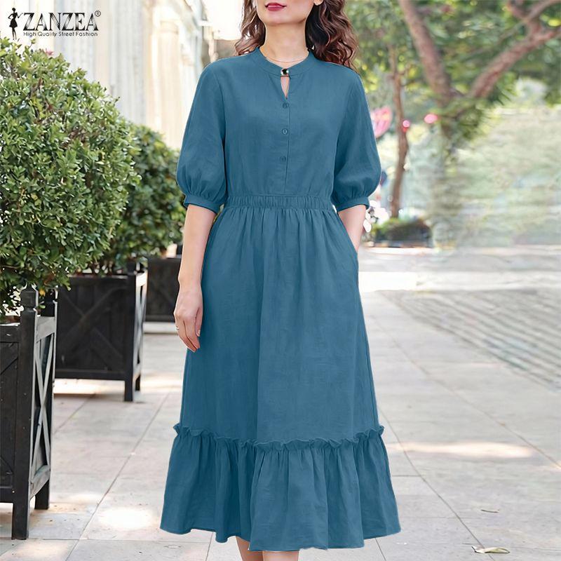 ZANZEA Women Summer Stand Collar Casual Half Sleeve Dress