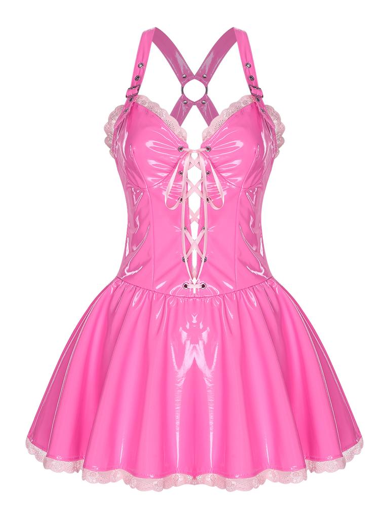 Womens Glossy PU Dress Front Lace Up Cross Back Adjustable Straps Floral Lace Trim A-Line Clubwear