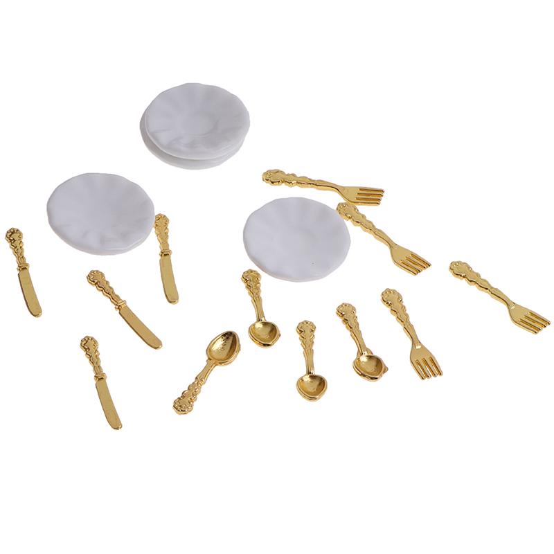 12Pcs/Set Vintage Dollhouse Miniatures Tableware Ceramic Plate Knife Fork Spoon