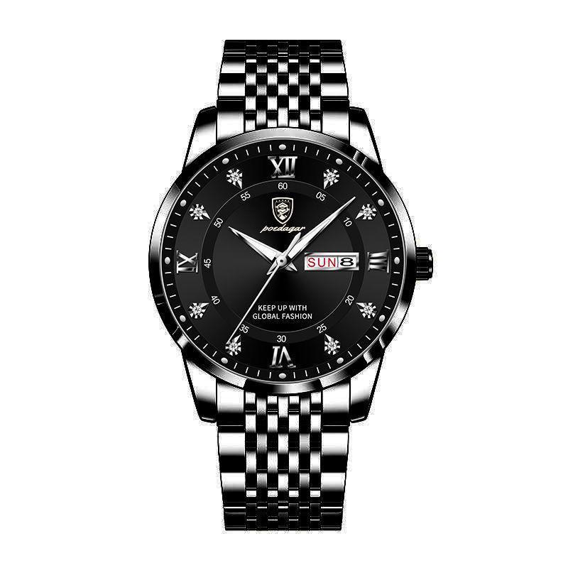 POEDAGAR Luxury Business Man Watch Stainless Steel Week Date Men's Wristwatch Waterproof Luminous Fashion Quartz Watches for Men
