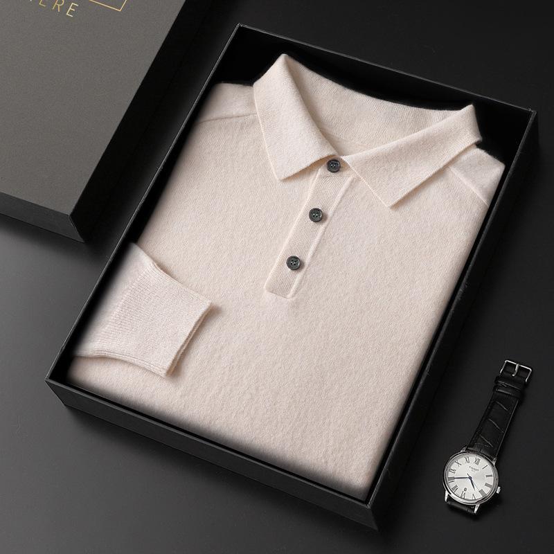 

Men s Pure Wool Long Sleeve Polo Shirt - Business Casual Knit with Saddle Shoulder and Lapel. M (50-60 kg) бежевий