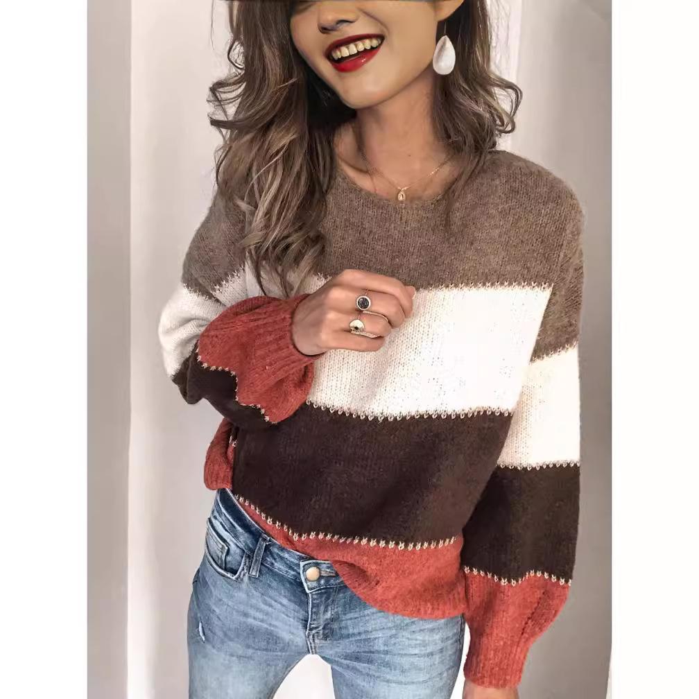 European and American casual autumn and winter new long-sleeved striped sweater women's wish crew neck knitted pullover