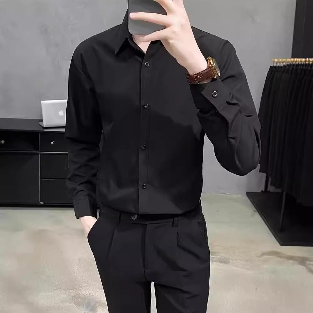 

Корейская белая рубашка мужская с длинным рукавом, красивая, деловая, мужская профессиональная формальная рубашка, свадебная, повседневная белая рубашка 5XL чёрный