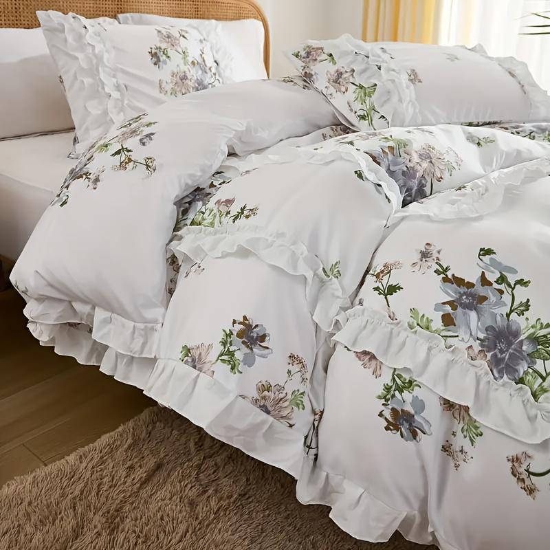 3 pieces of simple polyester white floral lotus leaf trim duvet cover set (1 duvet cover +2 pillowcases, no core)