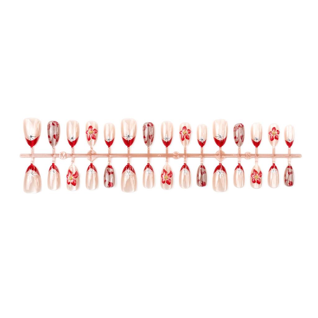 30-Piece Red French Manicure Set: European & American 3D Flower Cat Eye Almond Nails with Gilded Accents
