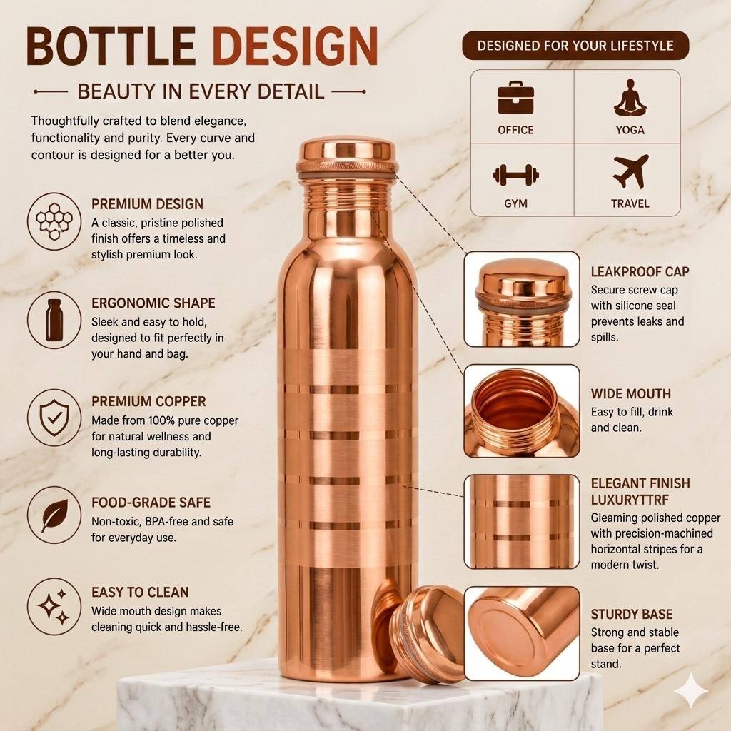 Nirmal Ganga Silver Touch Luxury Copper Bottle 1L (Pack of 3) | Premium Copper Water Bottle | Elegant & Leakproof