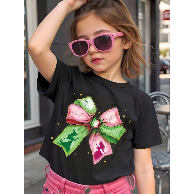 Girls Bow Print Crewneck Short Sleeve Tee, Halloween Casual Kids Top 110 чёрный