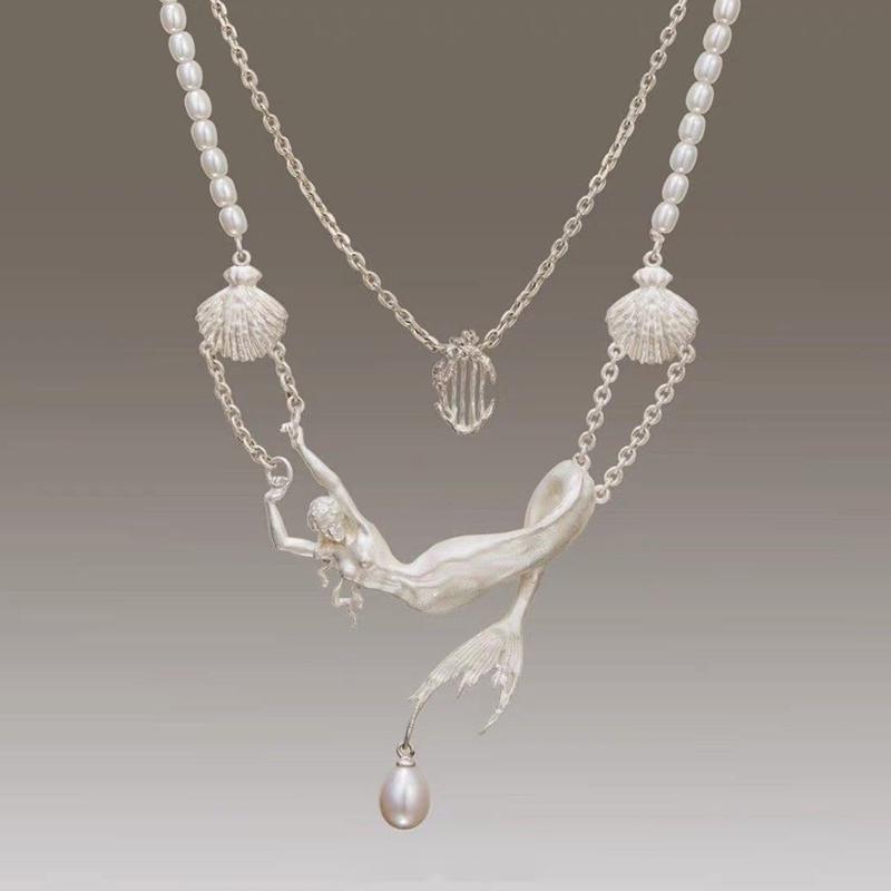 Trendy Women s Copper Jewelry Accessories - Charming Mermaid Figure Pendant Necklace with Double Chains, Freshwater Pearl Drop &