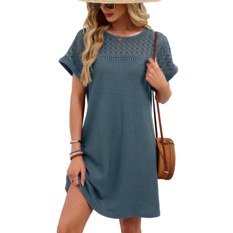 Spring/Summer Lace Splicing Loose Short Sleeve Dress New Solid Color Sweet A-line Dresses Round Neck Elegant Solid Color Casual Simple Party Clothing