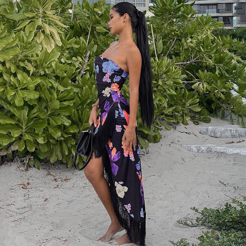 Abiti da Donna Primavera Senza Maniche con Stampa Floreale Nappa Senza Spalline Estivi Casual Slim alla Caviglia Senza Schiena Elastici a Vita Alta con Spacco