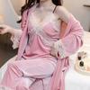 Pajamas Women's Autumn and Winter Suspender Trousers Nightgown Three-piece Set Gold Velvet with Chest Pad Lace Sexy Long-sleeved Loungewear