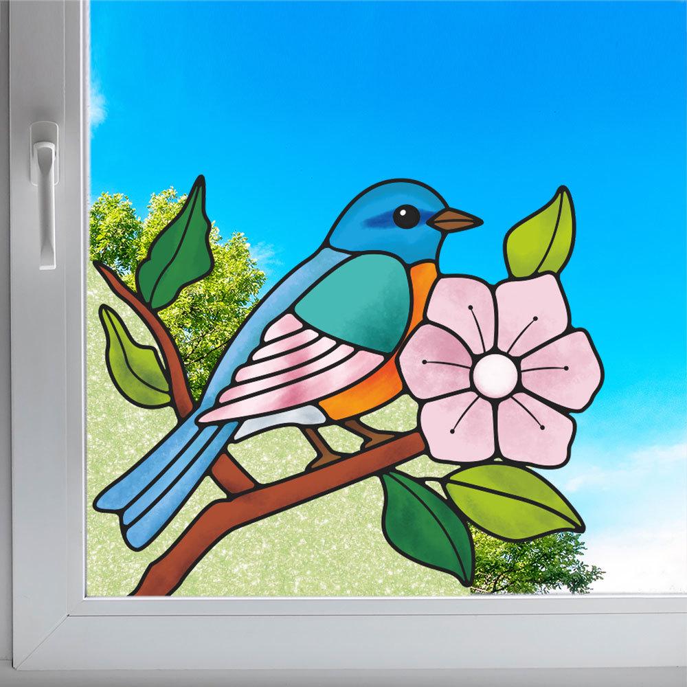 Double-Sided Transparent Window Sticker: Colored Flower & Bird Corner Glass Film with Adhesive