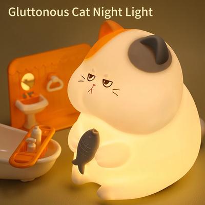 Gierige Katze Nachtlicht Wiederaufladbare Silikon Touch Klopf Lampe Lustige Katze und Fisch Lampe Tierlicht Nachttisch Schreibtisch Dekoration