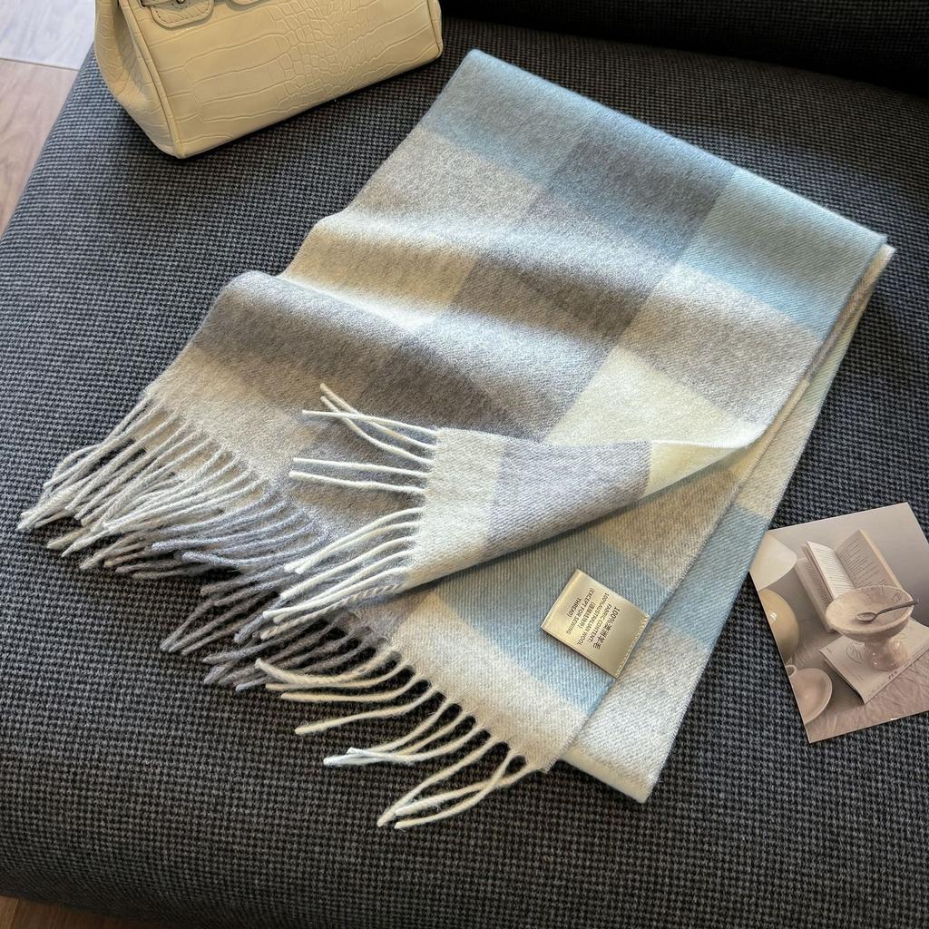 New Wool Warm Scarf for Women in Color Blocked Plaid Scarf Long Tassel Scarf Thickened and Warm