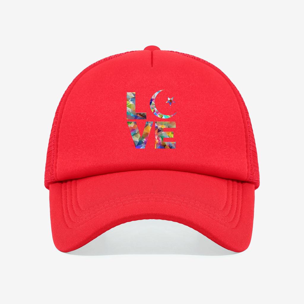 1 piece PC colorful geometric heart logo stylish and cool mesh hat! Red eye-catching breathable mesh fabric