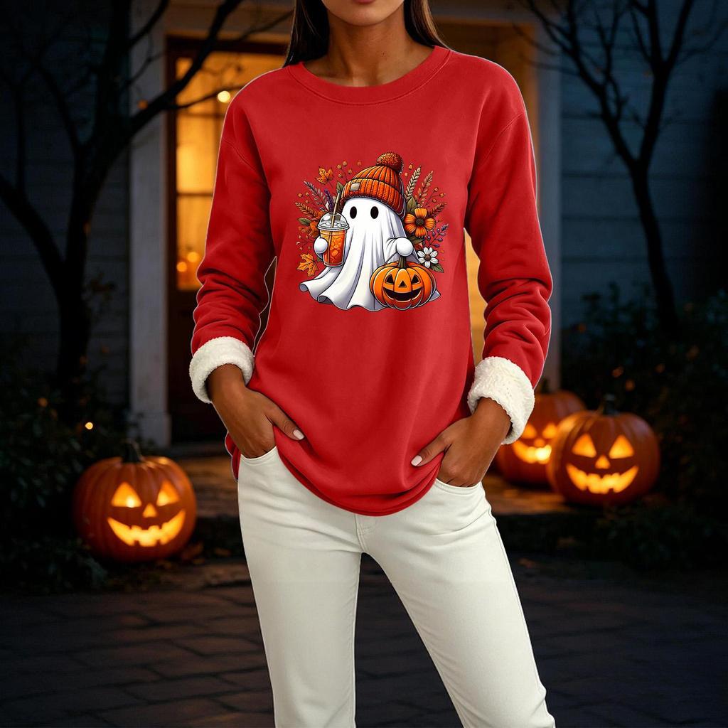 Women's Long Sleeve Pullover Round Neck Halloween Print Winter Casual Top