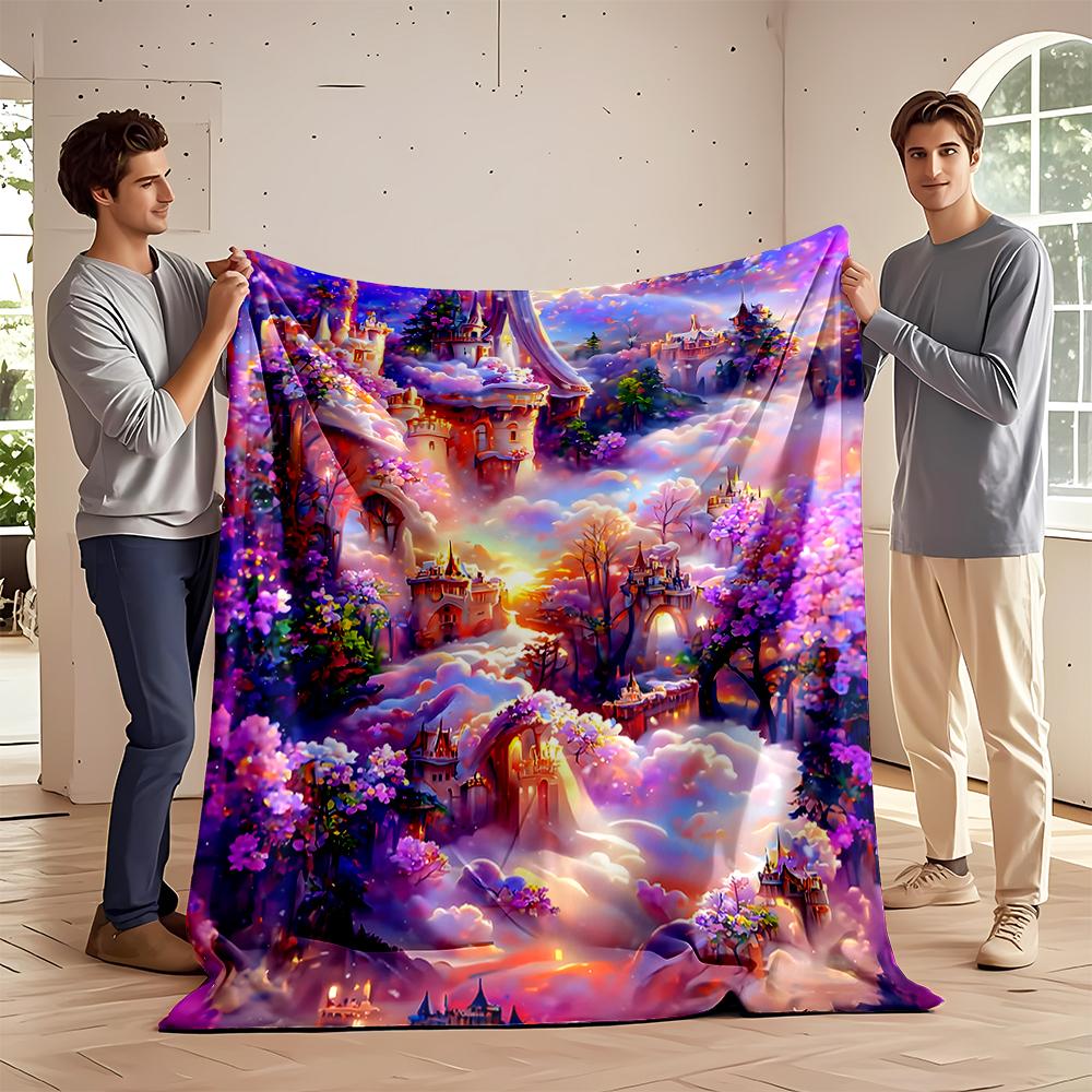 Fantasy Castle Landscape with Cherry Blossoms - Flannel Blanket for Bedroom, Living Room, Sofa, and Nap Sofas