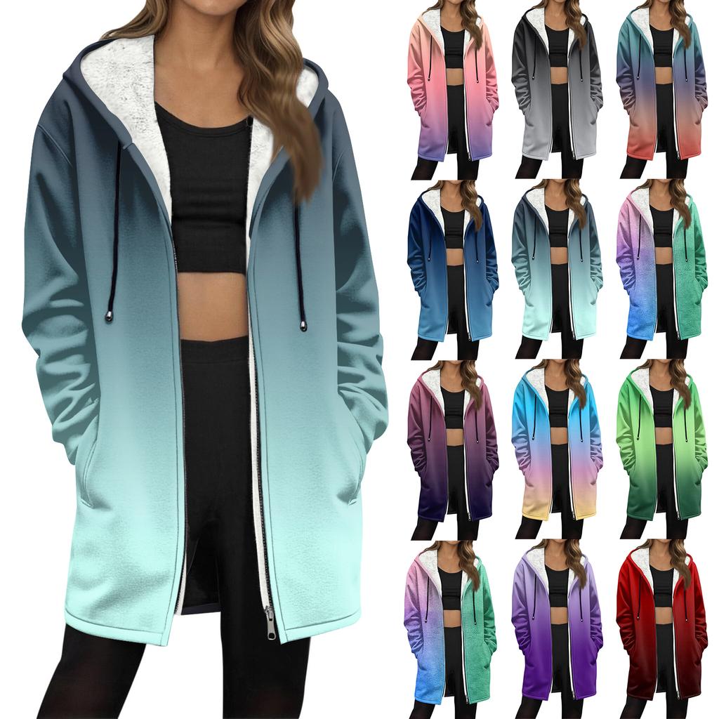 Women's Gradient Print Fashionable Loose Zipper Fleece Hoodie Jacket