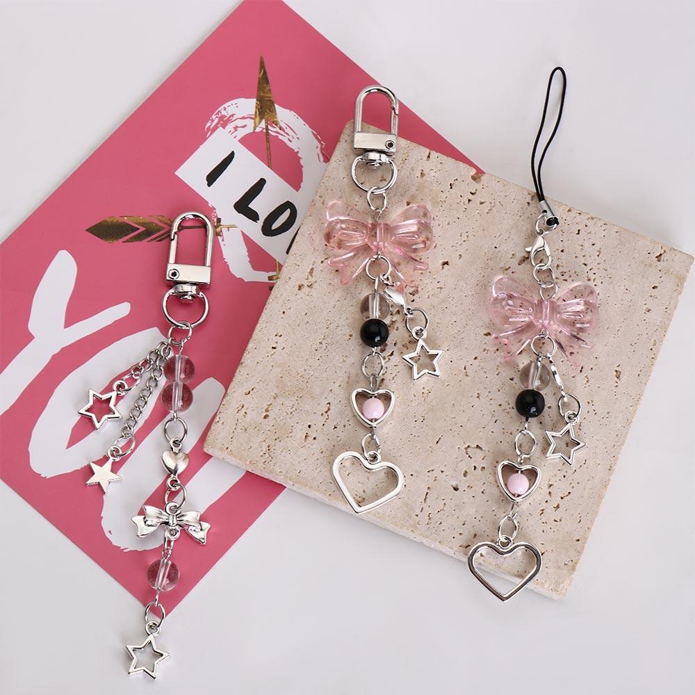 Bowknot Bead Phone Charm Strap Star Bowknot Beaded Cellphone Strap Mobile Phone Chain  Decoration