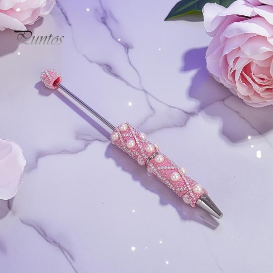 Rhinestone Bling Pens DIY Beadable Pen, Rhinestones And Faux Pearls Beaded Office Desk Accessories Black Ink Ballpoint Pen for School Supplies