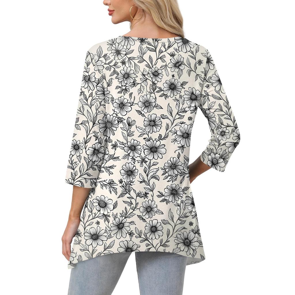 Womens Tops V-neck 3/4 Sleeve Blouses Casual Mid-length Shirts Fashion Print Tunic Tops