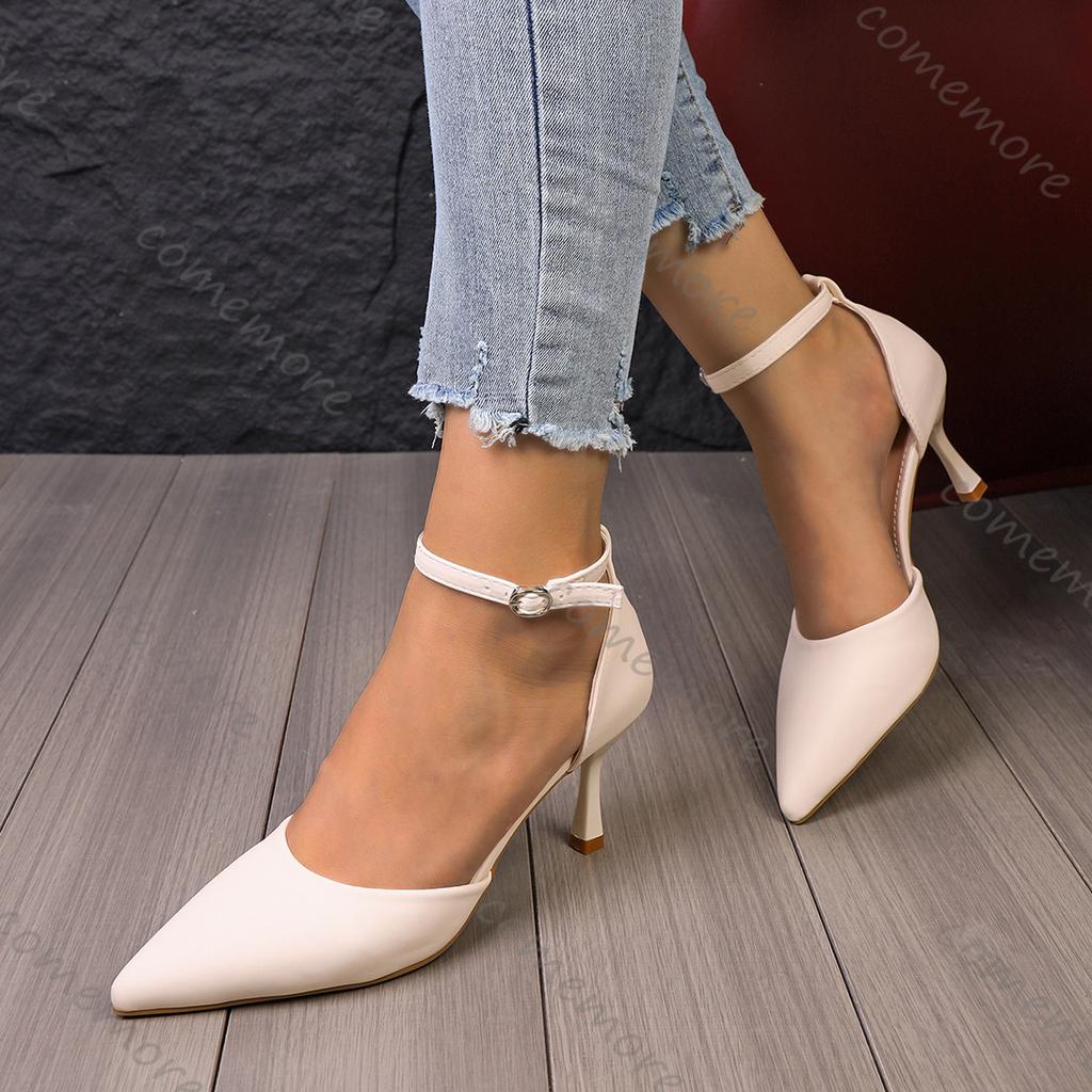 Fashion Comemore Women Pumps Sexy Shallow Mouth Hollow Pointed Toe High Heels for Women Solid Color Ankle Buckle Party Dress Heels Women