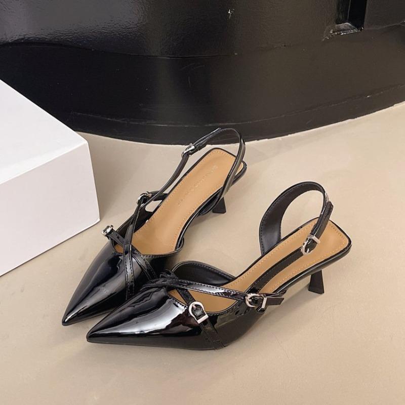 Fashion Pointed Toe Belt Buckle Stiletto High Heels Women's New Summer Patent Leather Back Empty Fairy All-match Baotou Sandals