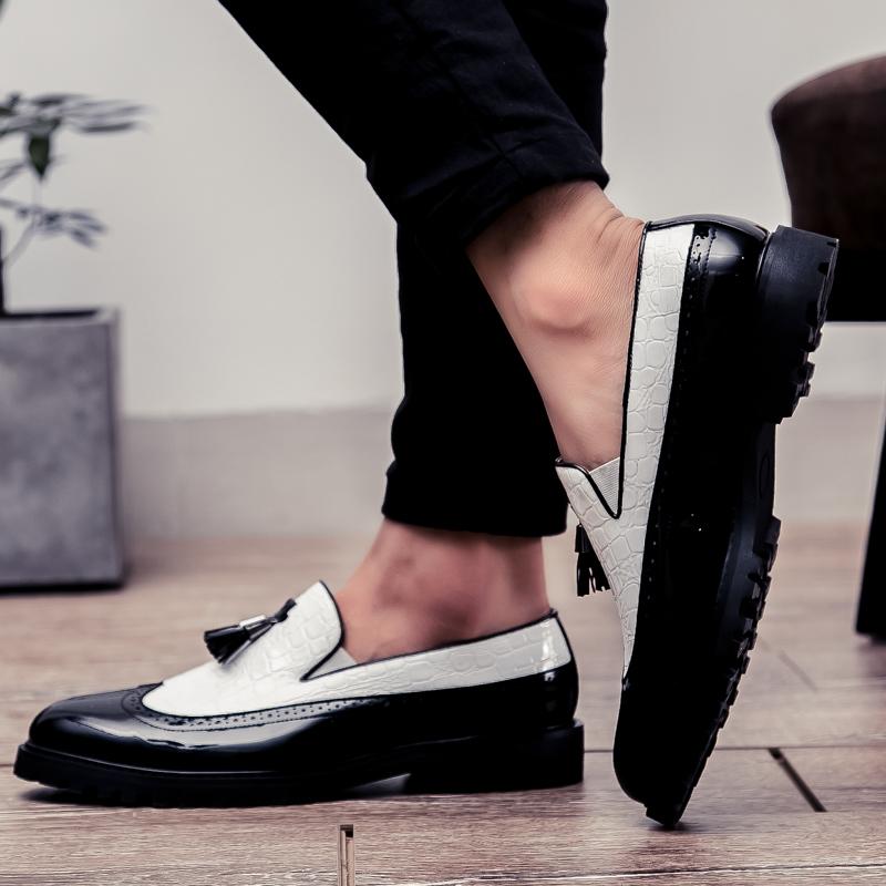 Fashion Fashion Hick Sole Cracked Leather Men Casual Slip-on Leather Shoes Brand Driving Tassels Loafers Moccasins Office Dress for Men