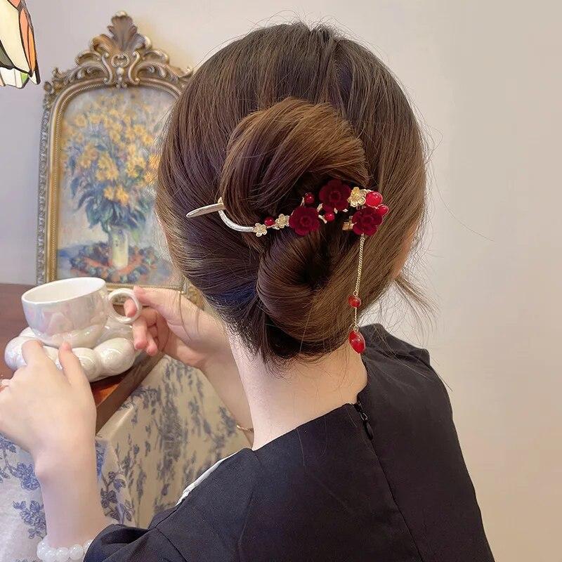 Vintage Velvet Red Rose Hair Claws For Women Luxury Metal Clamp Clip Barrettes Hairpins New Rhinestone Hair Accessories Headwear