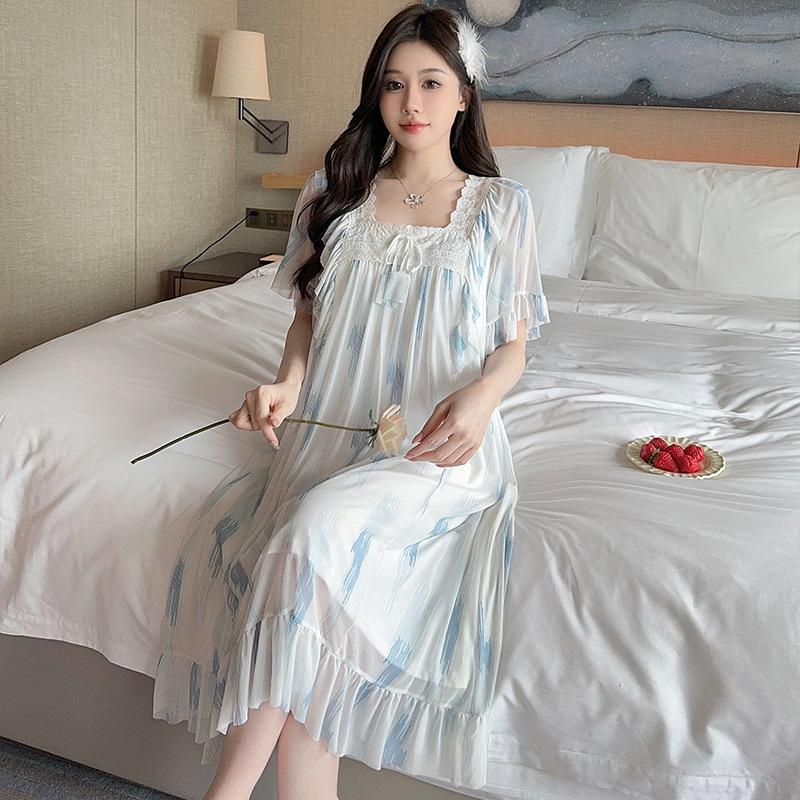 Linglei Summer Solid Color Lace Bow Mesh Court Princess Style Long Nightdress Pajamas Loungewear Women