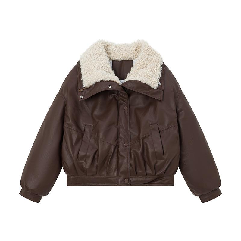 Fleece thickened short leather jacket lamb wool pu cotton clothes women's European and American coats winter new zipper hooded leather cotton clothes