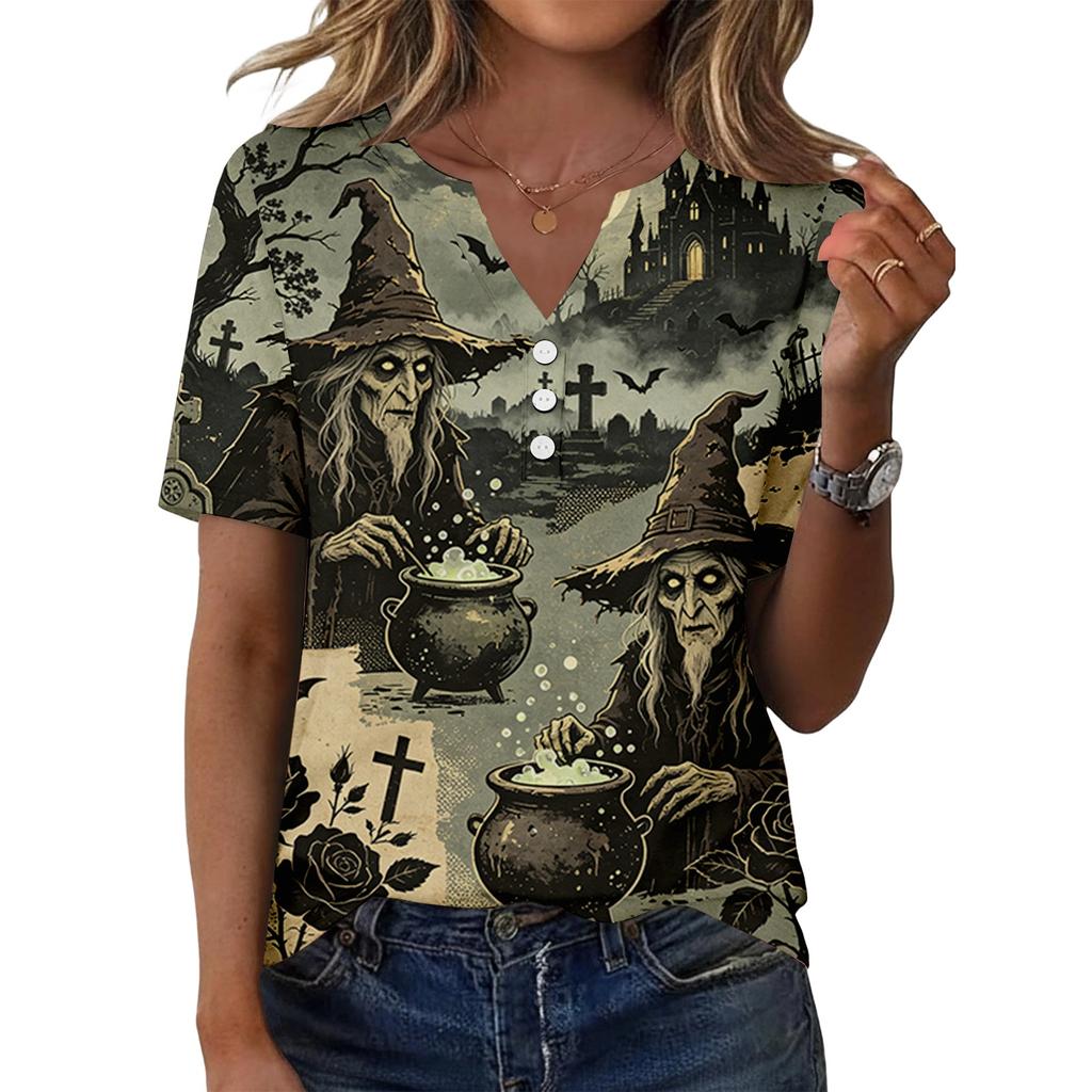 Women V Neck Short Sleeve Skull Print Tops Casual Holiday Graphic Tees Loose Fit Distressed Style T Shirt Blouses