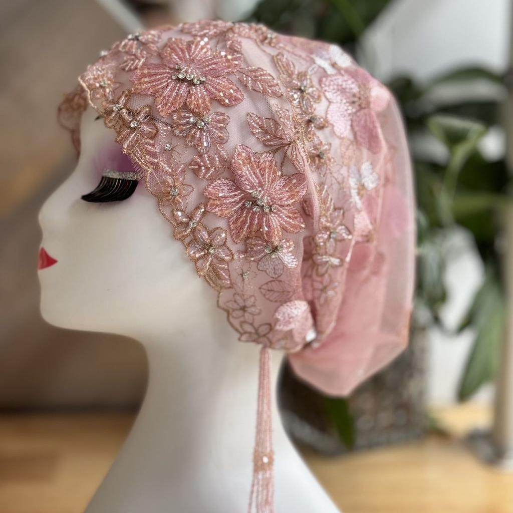 Heavy Industry Double-Layer Embroidery Turban Thin Fashion Scarf Tassel Lace Hat Handmade