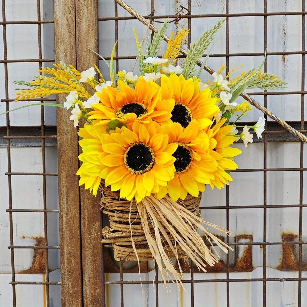 Sunflower Door Wreaths for Front Door, Hanger Basket Wreath Summer Spring Wreaths for Home Decoration Wedding Decor