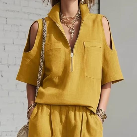 Two Piece Sweatsuit for Women Casual Half Zipper Short Sleeve Tops And Shorts Tracksuits Summer Lounge Outfits with Pockets