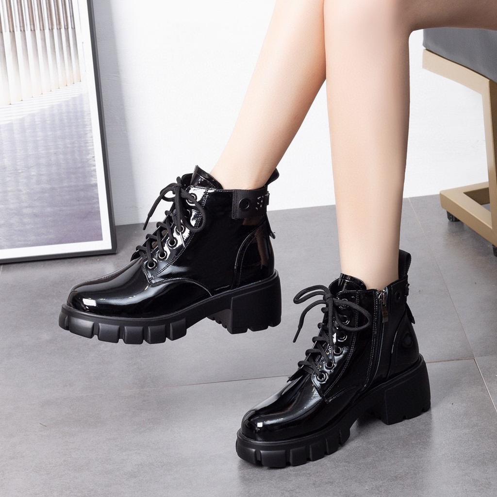Thick-soled Short Boots Women's Boots Autumn and Winter New Cow Patent Leather Waterproof Table Muffin and Lace-up Locomotive Boots