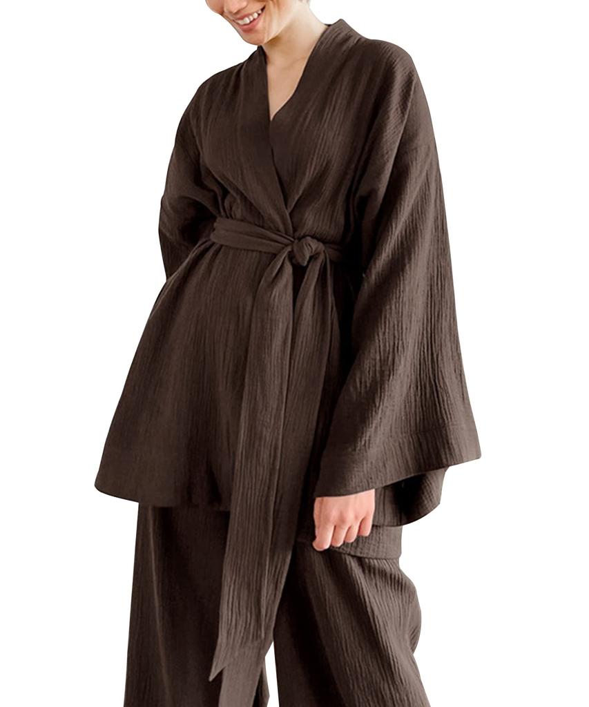 Aimoha Double Gauze Top and Bottom Long Sleeve Comfortable for Double Gauze Women's Pajamas, 100% Cotton, Set, Bathrobe, Loungewear, Dress, Nightgown,