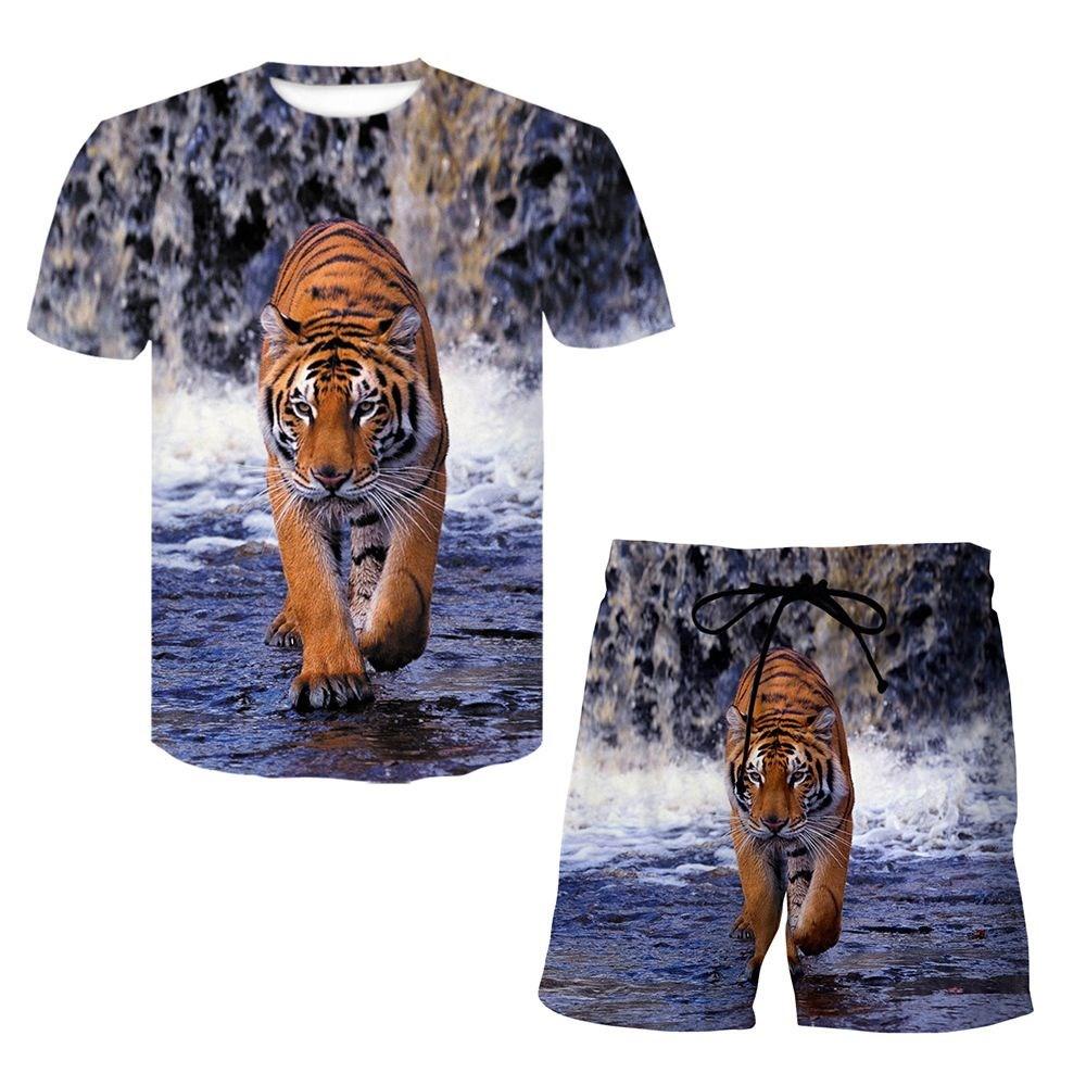 

Summer New Men s Animal Tiger Sportswear 3D Printing Men T-shirt Set Fashion Men s Tiger Pattern Short sleeve Two Piece Set 6XL
