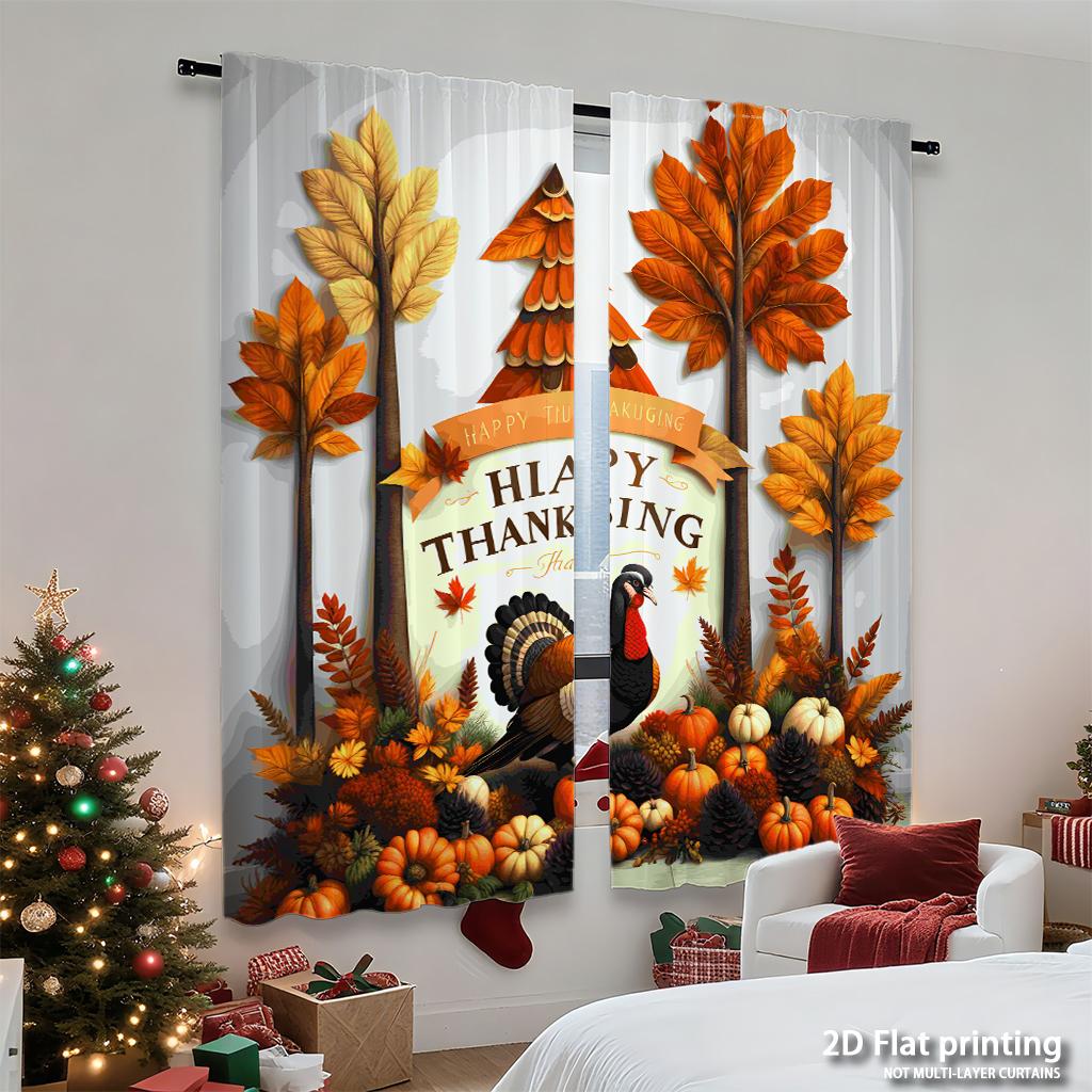 Piece Set High Definition Digital Printed Curtainsthanksgiving Autumn Colors Leaves Turkey Pumpkins Decorative Elementshome Curtain Polyester