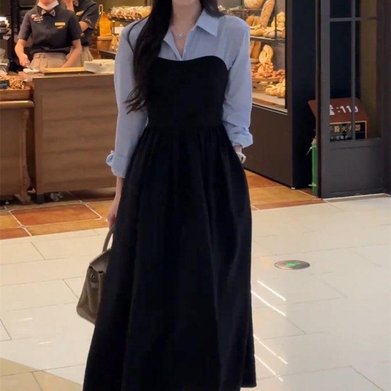Large size early autumn new women's clothing fake two-piece shirt black long-sleeved dress, high-end matching, a complete set