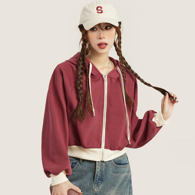 

Women s Red Hooded Zip-Up Cardigan - Heavyweight Petite Hoodie for Autumn & Winter L червоний