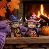 Halloween Table Decorations 2 Pcs Highland Cow Figurines, Boo Pumpkin Ghost Statue with Decorative Figurines Witch Hat, Wooden Scottish Ornament