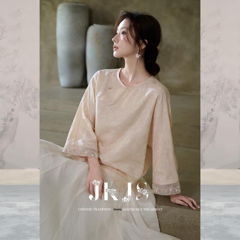 JK&JS Taoyao Floral Embroidered Silk Cuff Round Neck Top S