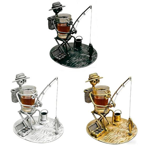Suport pentru pahar de vin Pescar Sculptură Pescar din Metal Lucrat Manual cu Suport pentru Pahar Mic Încorporat Suport Amuzant pentru Băuturi pentru Decorul Biroului Tatălui