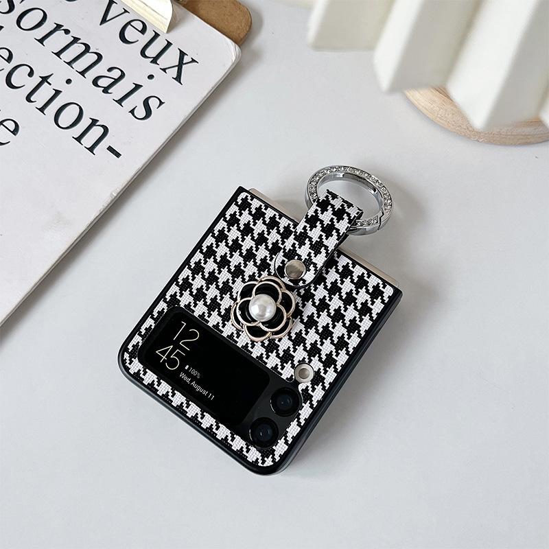 

For ZFlip7 Camellia for Samsung Foldable Screen Flip Phone Case ZFlip3 Diamond Ring Black and White Grid For Huawei Pocket2