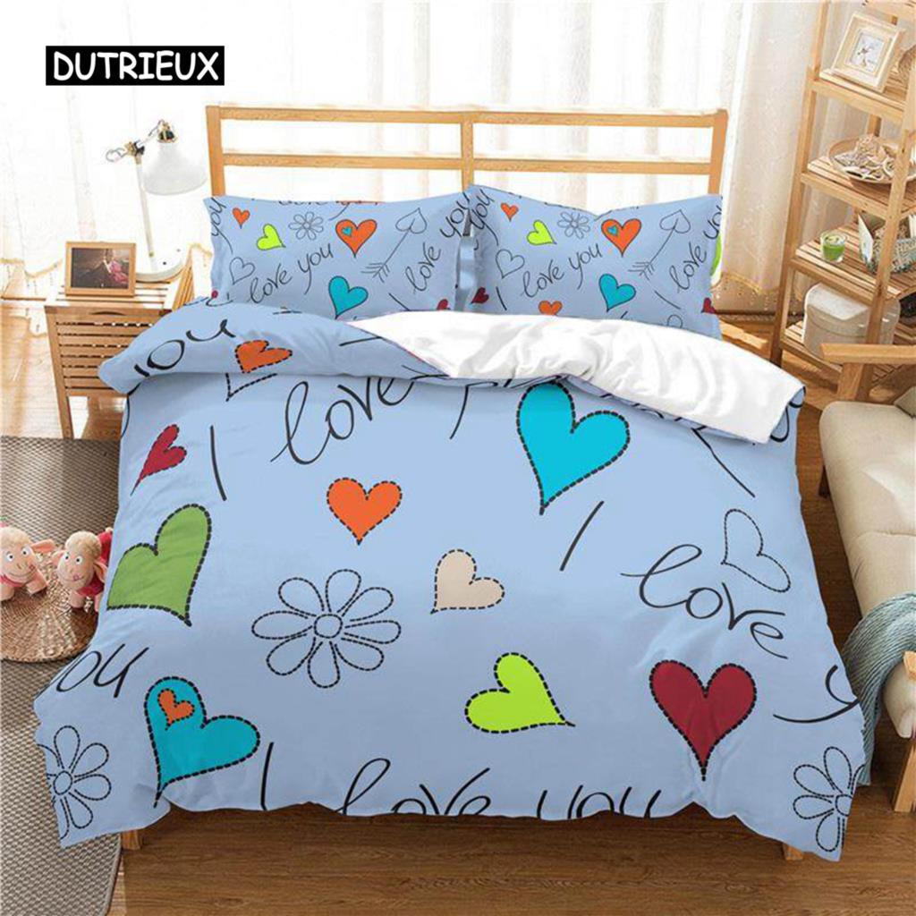 3D Love Heart Duvet Cover Microfiber Romantic Love Affection Theme Bedding Set King Full For Kids Teen Valentines Day Room Decor